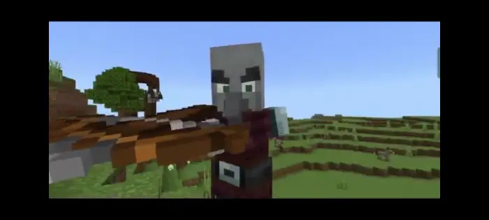 Villager mob aiming crossbow in grassy field