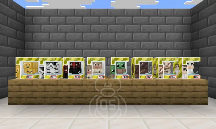 Eight boxed collectible figures on a shelf