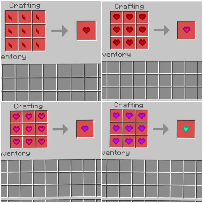 Heart upgrade crafting recipes in grid