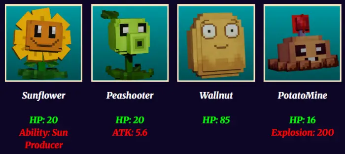 Four blocky PVZ plant characters lineup