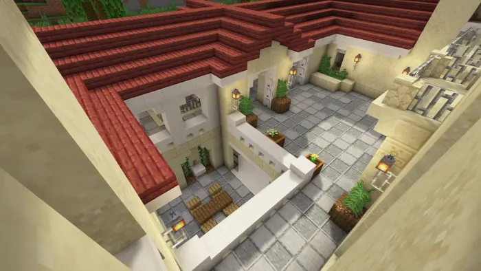 Italian villa courtyard with red-tiled roof