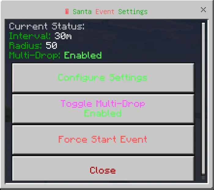 Santa event settings menu with options