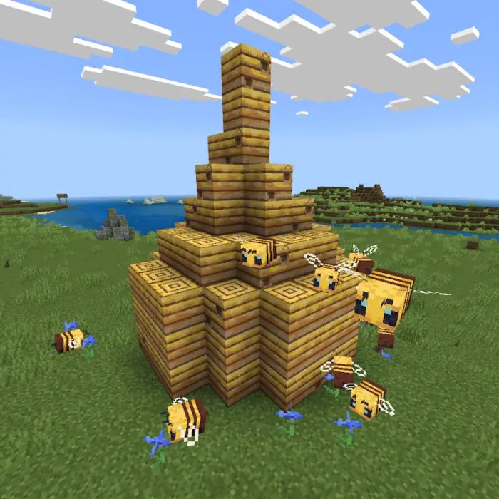 Beehive-shaped wooden structure with bees