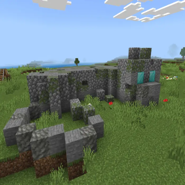 Ruined stone structure on grassy plain