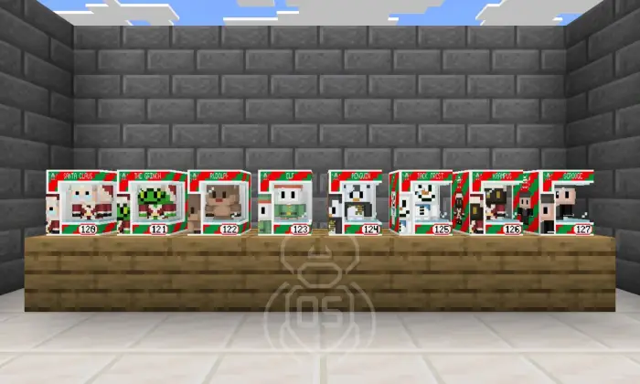 Boxed collectible figures on a wooden counter