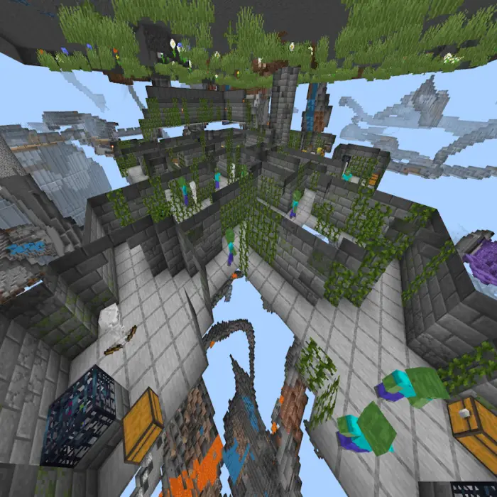 Stone dungeon ruins with vines and chests