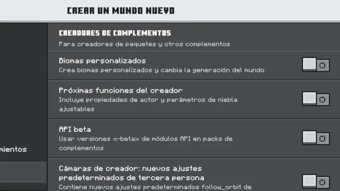 Settings menu for world creation options