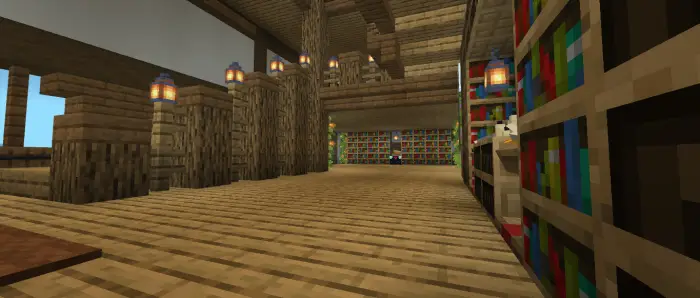 Wooden mansion interior with bookshelves