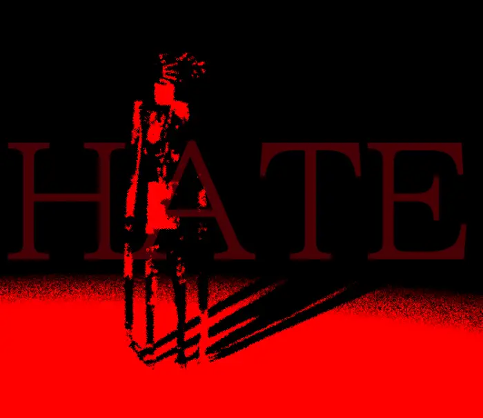 Shadowy creature stands in red-lit darkness.