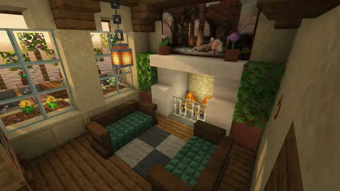 Cozy living room with fireplace and plants