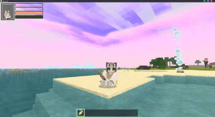 Cartoon-style character on sandy island