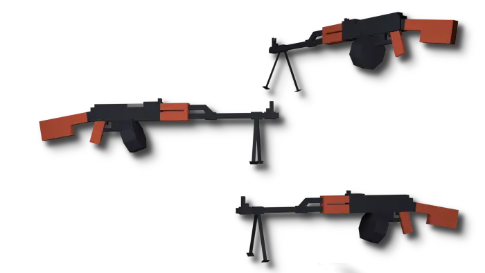 Low-poly 3D guns with orange accents