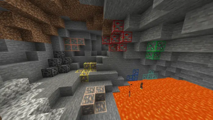 Outlined ores in a cave above lava pool