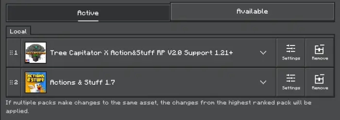 Two active resource packs listed in menu