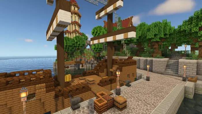 Wooden dock and ship by a lush island house