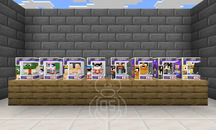 Eight Funko-style figures on display shelf