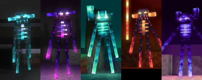 Glowing colorful enderman variants standing