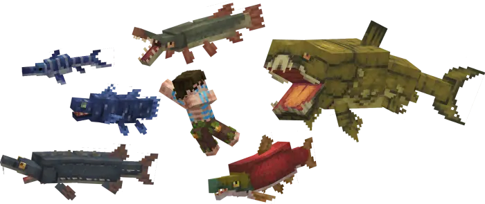 Blocky aquatic dinosaurs and swimmer character