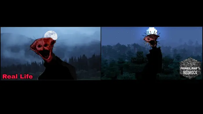 Realistic vs pixelated scary creature at night