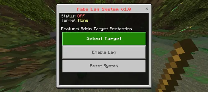 Game mod menu with fake lag options shown.