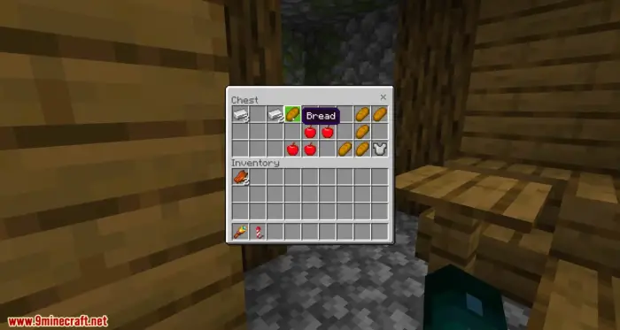 Chest loot with bread, apples, and iron.