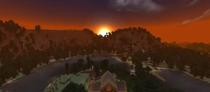 Spruce house by lake at sunset, distant village