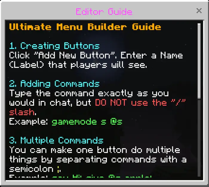 ALT In-game menu builder editor guide window