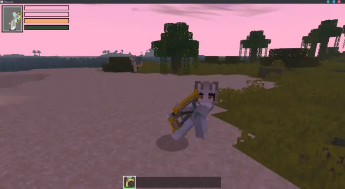 Game character with bow on sandy terrain
