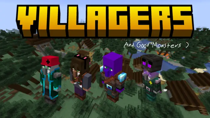 Four custom characters stand in a village.