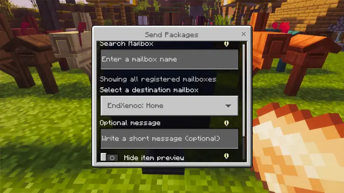 Send Packages menu with wooden mailboxes