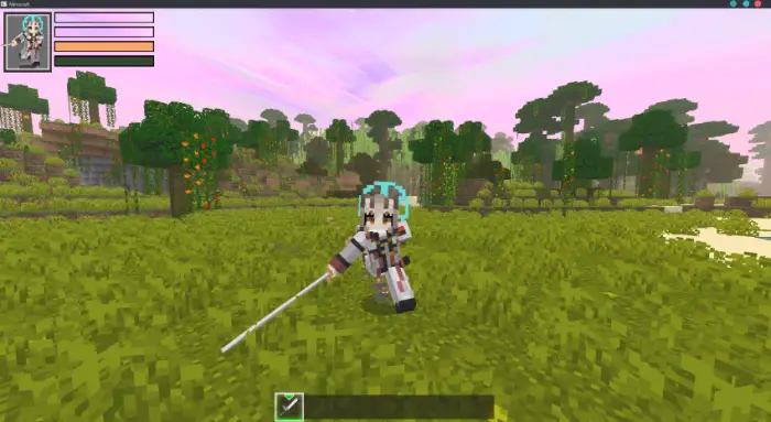 Character with sword in grassy landscape