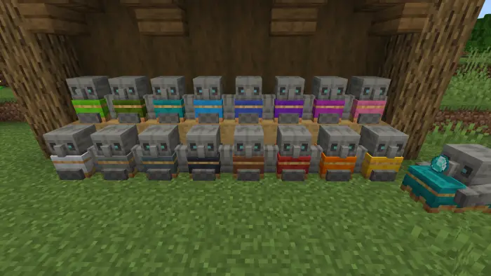 Row of stone golems wearing colored clothes