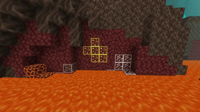 Outlined nether ores above a lava pool