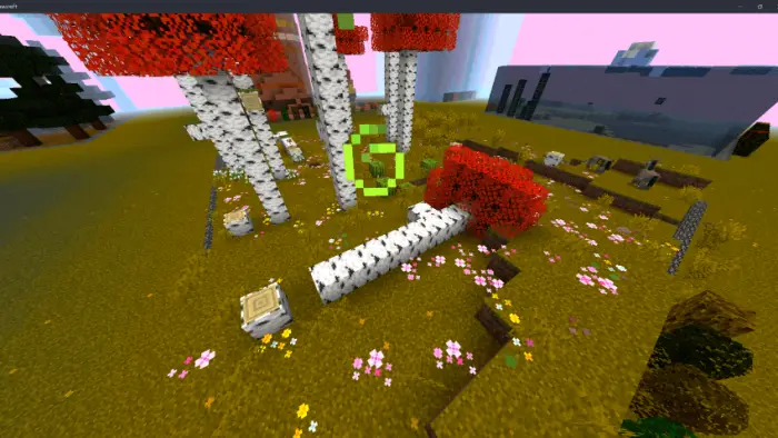 Bright forest scene with red-leaf trees