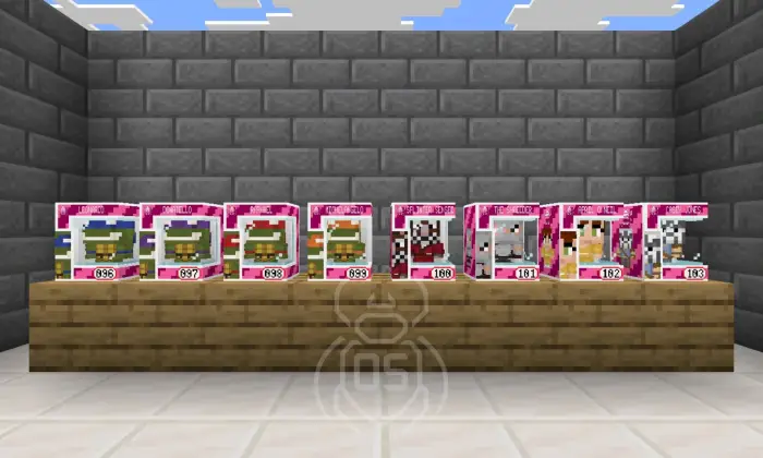 Eight Funko-style figures in boxes on display