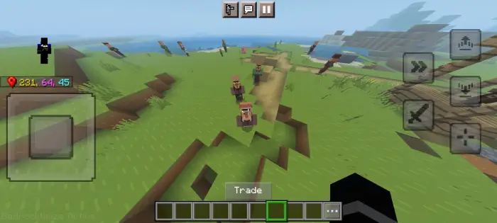Villagers with new animations on grassy path