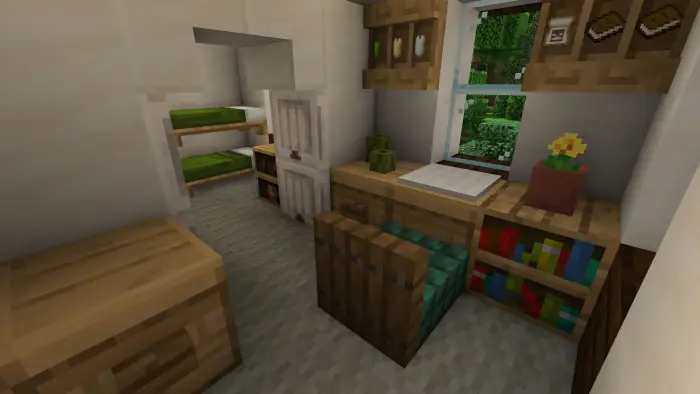 Cozy villa bedroom with bunk beds and desk