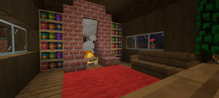 Cozy room with fireplace and bookshelves