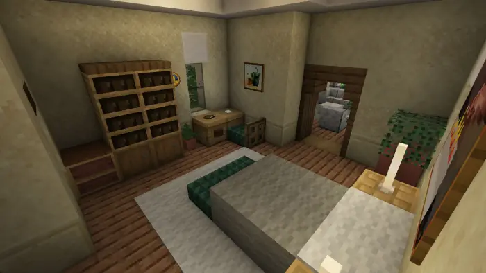 Cozy villa bedroom with bookshelf and decor
