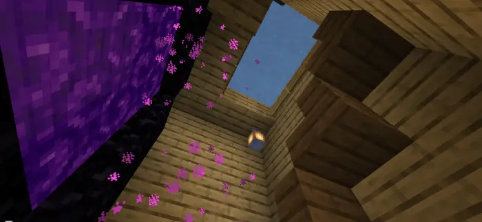 Wooden house interior with portal and skylight.