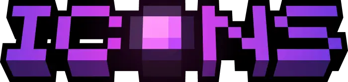 Purple pixelated ICONS text on black background