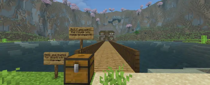 ALT text Spruce house on lake with chest and signs