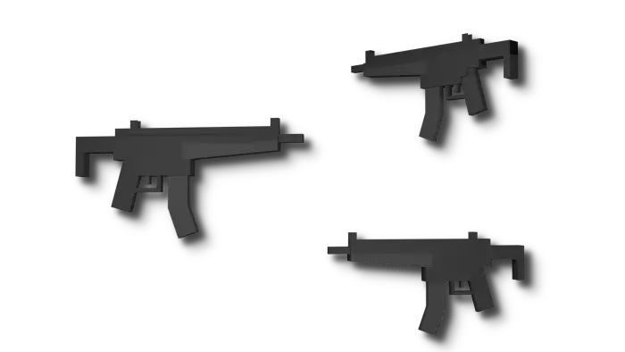 Blocky 3D guns on a black background