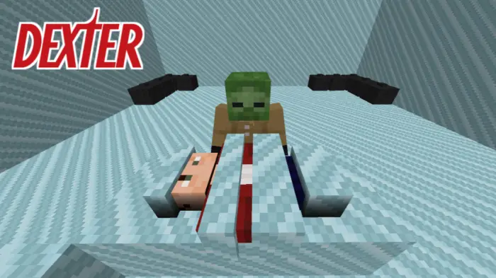 Zombie stands over mannequin on blood table.