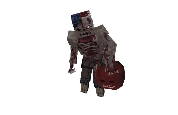 Pixelated zombie holding a red monster head