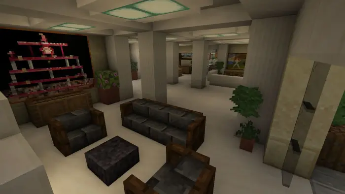 Modern villa interior with sofas and plants