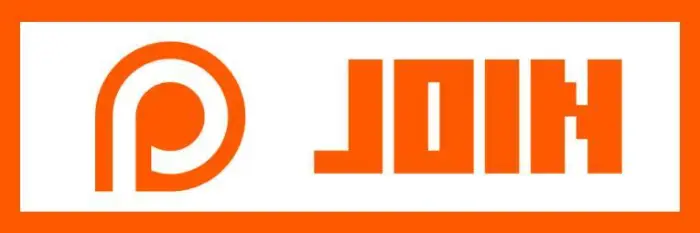 ALT text Orange JOIN button with logo, mirrored