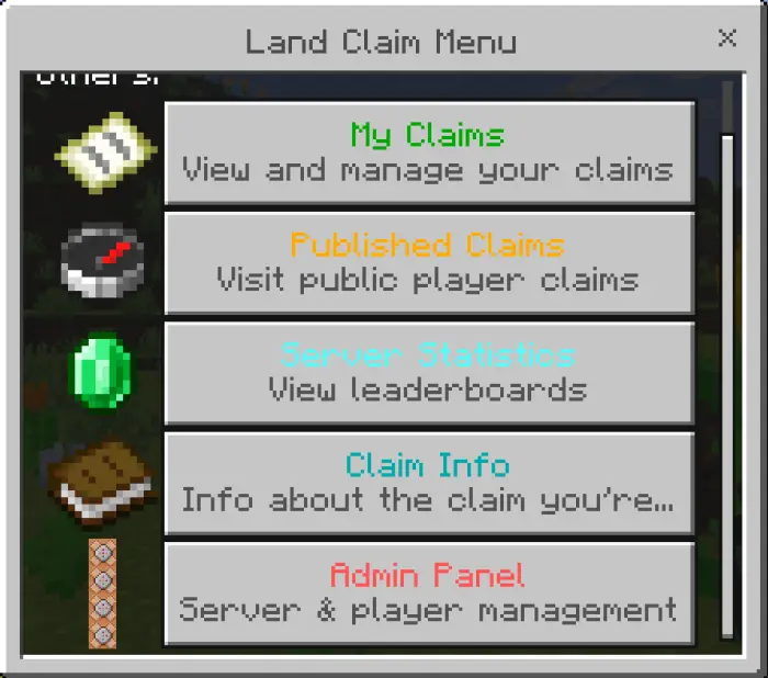 Land claim menu with claim management options