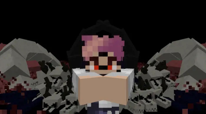 Pixel character with skeletal creatures behind