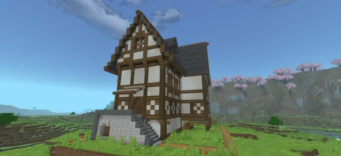 Medieval mansion with cherry blossom trees